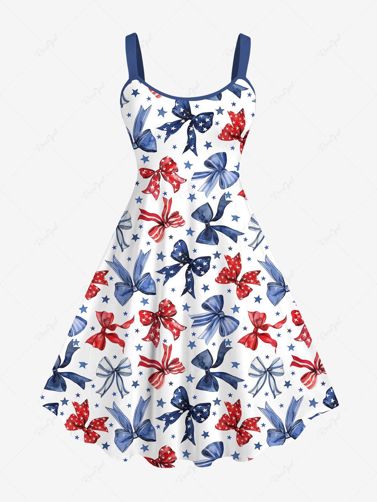 Sale Plus Size Patriotic American Flag Bowknot Star Print Tank Dress  