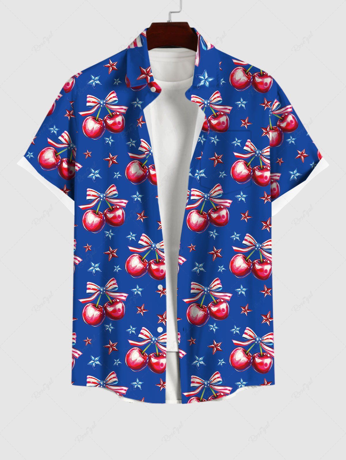 Sale Plus Size Patriotic American Flag Star Bowknot Cherry Fruit Print Buttons Pocket Shirt For Men  