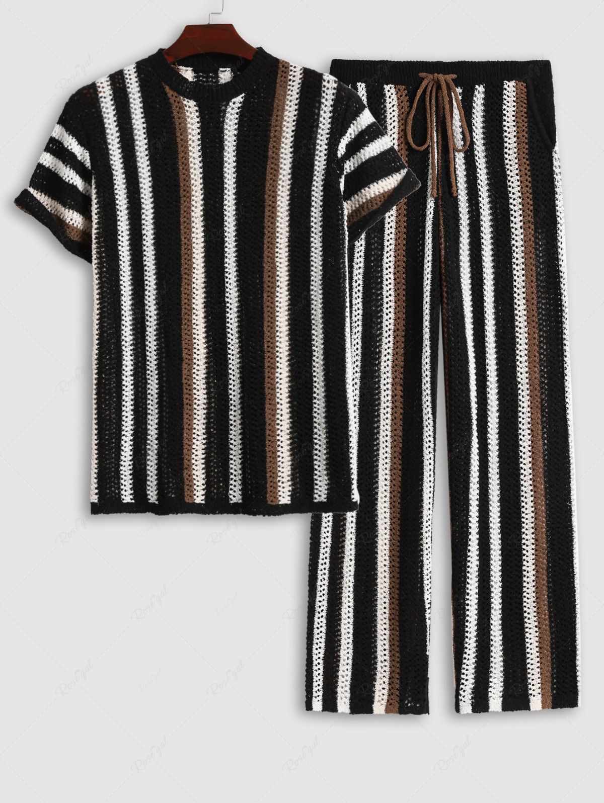 Trendy Men's Matching Two Piece Co Ord Vertical Stripes Openwork Knit Crew Neck Short Sleeves T-shirt and Drawstring Slant Pockets Straight Leg Pants Set  
