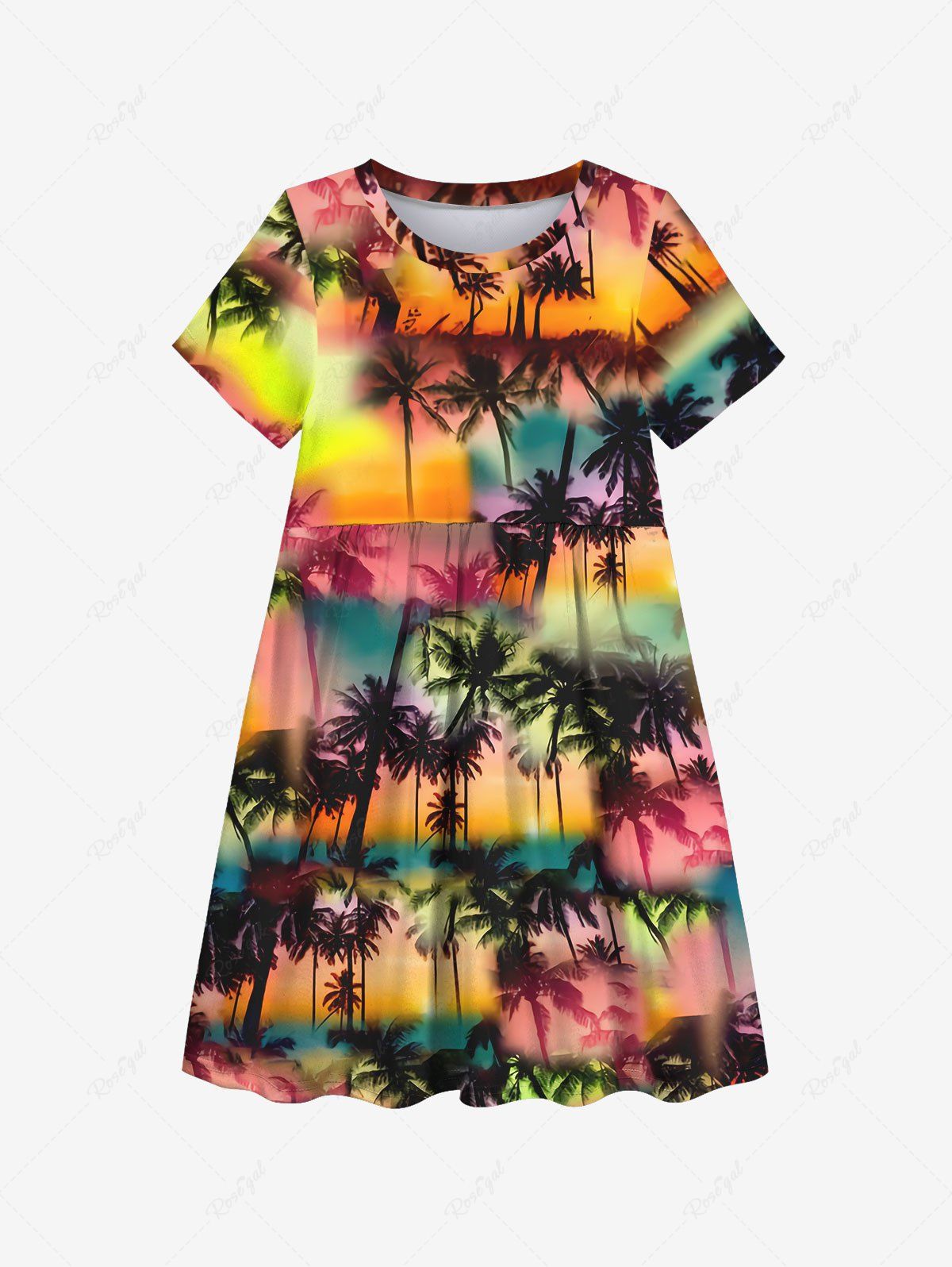 Trendy Kid's Coconut Tree Ombre Colorful Colorblock Print Hawaii Dress  