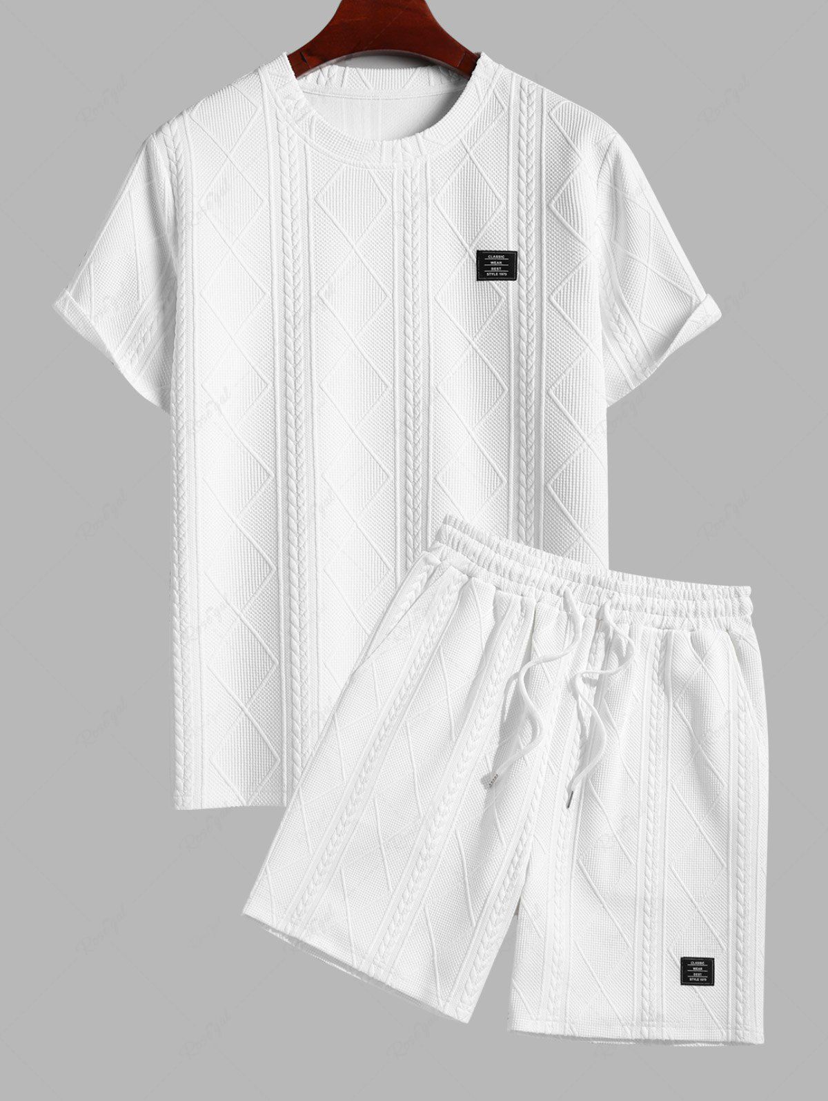 Outfit Men's Matching Two Piece Co Ord Cable Geometric Jacquard Textured Crew Neck Short Sleeves T-shirt and Drawstring Casual Shorts Set  