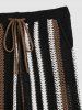 Men's Matching Two Piece Co Ord Vertical Stripes Openwork Knit Crew Neck Short Sleeves T-shirt and Drawstring Slant Pockets Straight Leg Pants Set -  