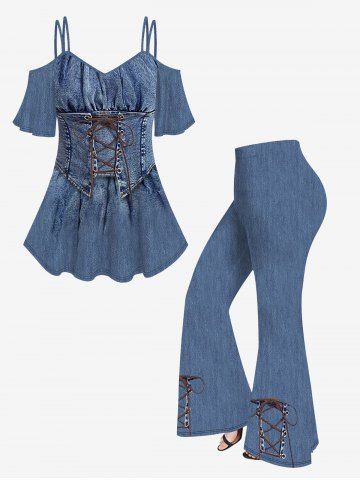 Lace Up Ruched Corset Denim 3D Print Cold Shoulder T-shirt and Flare Pants Plus Size Matching Set - BLUE