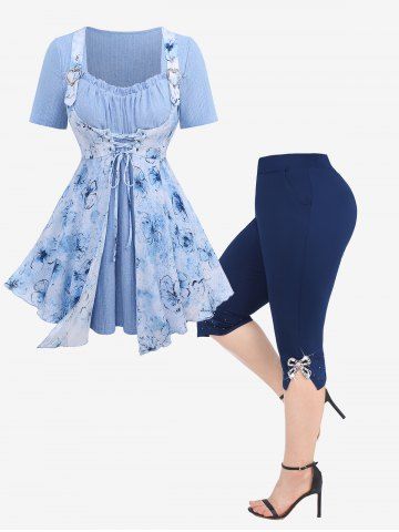 Flowers Print Asymmetrical Lace Up Ruffles Buckle Ribbed 2 In 1 Top and Diamond Bowknot Buckle Split Capri Leggings Plus Size Summer Outfit