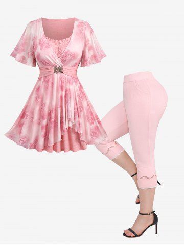 Rose Flower Print Ruched Ruffles Tulip Hem Surplice 2 In 1 Top and Hollow Out Lace Trim Embossed Textured Capri Leggings Plus Size Summer Outfit - LIGHT PINK
