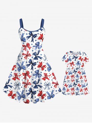 Patriotic American Flag Bowknot Star Print Plus Size Matching Mommy & Me Outfit - WHITE