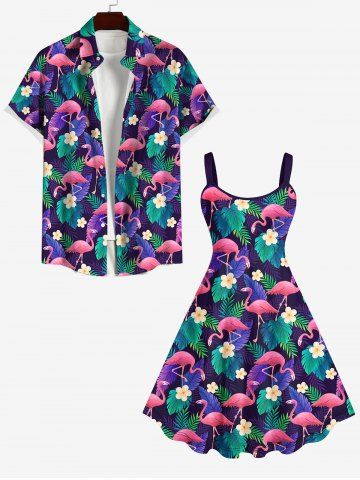 Flamingo Flower Palm Leaf Print Plus Size Matching Hawaii Beach Outfit For Couples