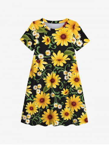 Plus Size Daisy Chrysanthemum Flower Print Hawaii Dress - BLACK - 120