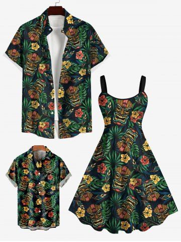 Tiki Mask Palm Leaf Hibiscus Flowers Print Plus Size Matching Hawaii Beach Outfit For Family