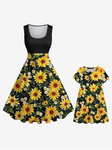 Daisy Chrysanthemum Flower Print Plus Size Matching Mommy & Me Outfit - BLACK