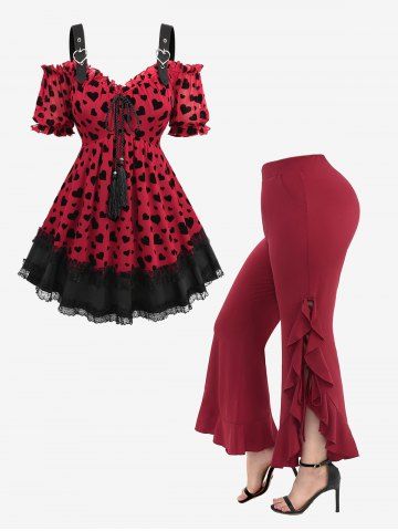 Heart Buckle Mesh Flocking Tassel Tied Ruched Top and Lace Up Braided Flounce Pocket Pants Plus Size Outfit - DEEP RED
