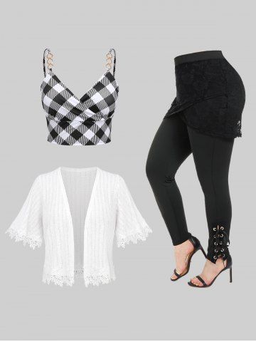 Plaid Chains Surplice Top and Floral Applique Pointelle Solid Cardigan and Lace Panel Lace-up Skirted Pants Plus Size Outfit - BLACK