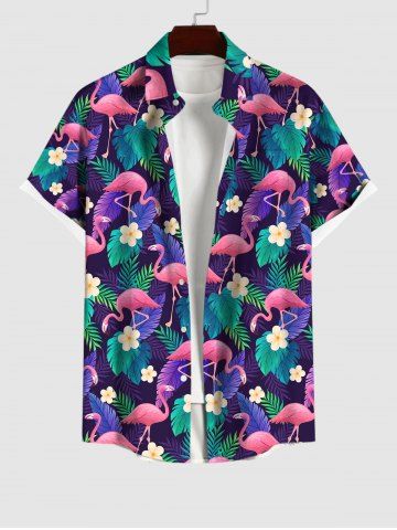 Plus Size Flamingo Flower Palm Leaf Print Buttons Pocket Hawaii Shirt For Men - MULTI-A - M