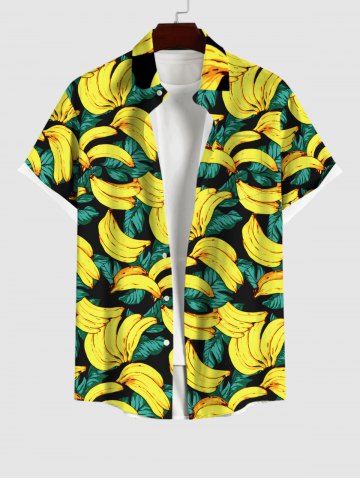 Plus Size Banana Leaf Print Buttons Pocket Hawaii Shirt For Men - YELLOW - S