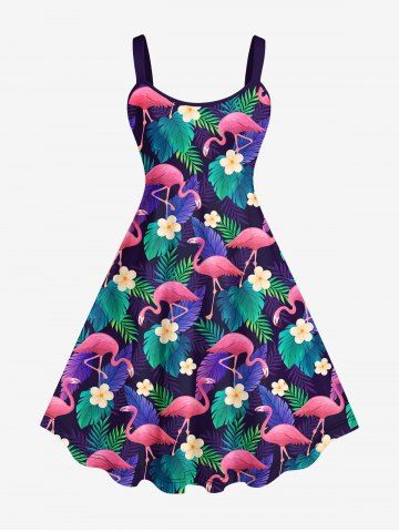 Plus Size Flamingo Flower Palm Leaf Print Hawaii Tank Dress - MULTI-A - XS
