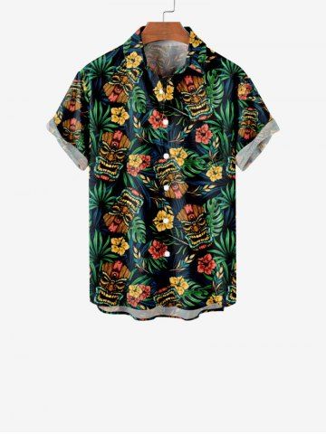 Kid's Tiki Mask Palm Leaf Hibiscus Flowers Print Buttons Pocket Hawaii Shirt - BLACK - 100