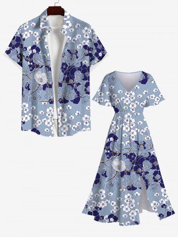 Flower Branch Colorblock Print Dress and Button Pocket Shirt Plus Size Matching Hawaii Beach Outfit For Couples - BLUE GRAY