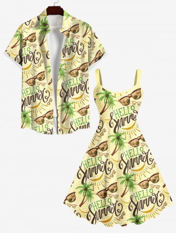 Coconut Tree Banana Letters Sunglasses Print Dress and Button Shirt Plus Size Matching Hawaii Beach Outfit For Couples - LIGHT YELLOW