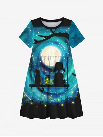 Kid's Galaxy Moon Cat Girl Swing Firefly Glitter 3D Print Dress