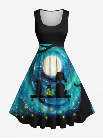 Plus Size Galaxy Moon Cat Girl Swing Firefly Glitter 3D Print 1950s Vintage Dress - BLACK - XS