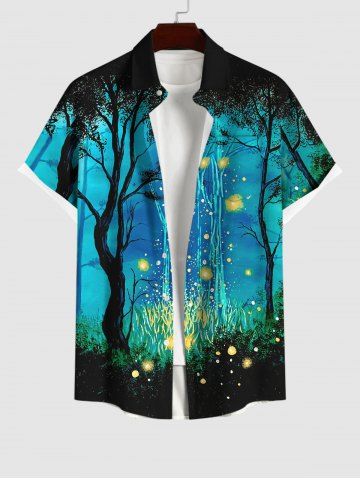 Plus Size Galaxy Tree Firefly Glitter 3D Print Buttons Pocket Shirt For Men - BLACK - S