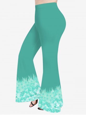 Plus Size Ombre Flower Print Flare Pants - LIGHT GREEN - XS