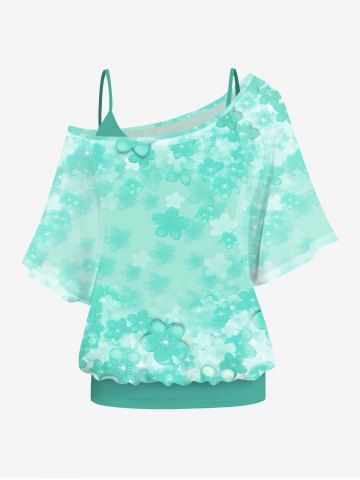 Plus Size Skew Neck Batwing Sleeves Ombre Flower Print T-shirt - LIGHT GREEN - XS