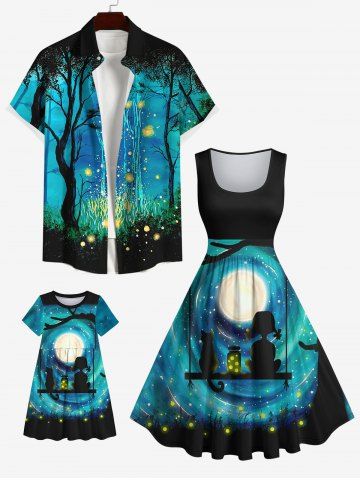 Galaxy Moon Cat Girl Swing Firefly Glitter 3D Print Plus Size Matching Outfit For Family - BLACK