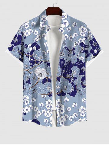 Plus Size Flower Branch Colorblock Print Hawaii Button Pocket Shirt For Men - BLUE GRAY - S