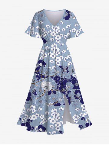 Plus Size Flower Branch Colorblock Print Split Pocket A Line Dress - BLUE GRAY - XS