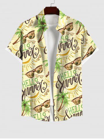 Plus Size Coconut Tree Bananas Letters Sunglasses Print Hawaii Button Pocket Shirt For Men - LIGHT YELLOW - S