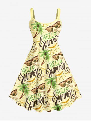 Plus Size Coconut Tree Banana Letters Sunglasses Print Hawaii Backless A Line Tank Dress - LIGHT YELLOW - S