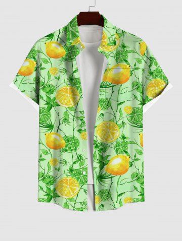 Plus Size Lemon Leaves Branch Print Hawaii Button Pocket Shirt For Men - GREEN - XL