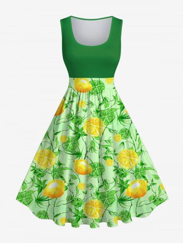Plus Size Lemon Leaf Branch Print 1950s Hawaii Vintage Swing A Line Dress - GREEN - XS