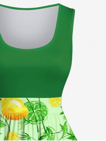 Plus Size Lemon Leaf Branch Print 1950s Hawaii Vintage Swing A Line Dress