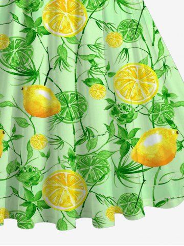Plus Size Lemon Leaf Branch Print 1950s Hawaii Vintage Swing A Line Dress