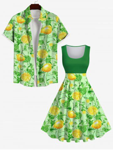 Lemon Leaf Branch Print 1950s Swing Dress and Button Shirt Plus Size Matching Hawaii Beach Outfit For Couples - GREEN