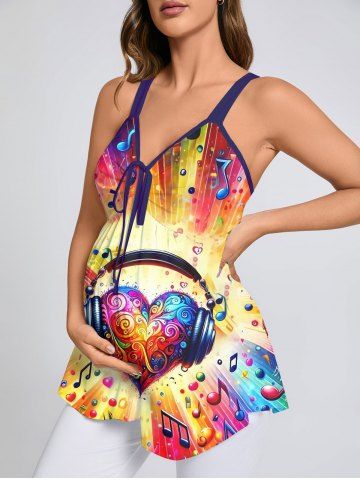 Plus Size Heart Earphone Music Notes Print Cinched Maternity Tank Top