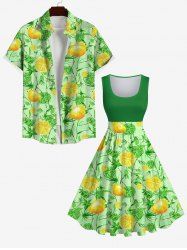 Lemon Leaf Branch Print 1950s Swing Dress and Button Shirt Plus Size Matching Hawaii Beach Outfit For Couples -  