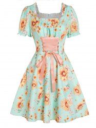 Mini-Robe Vintage à Imprimé Tournesol à Manches Courtes à Lacets à Volants - Vert clair XXL