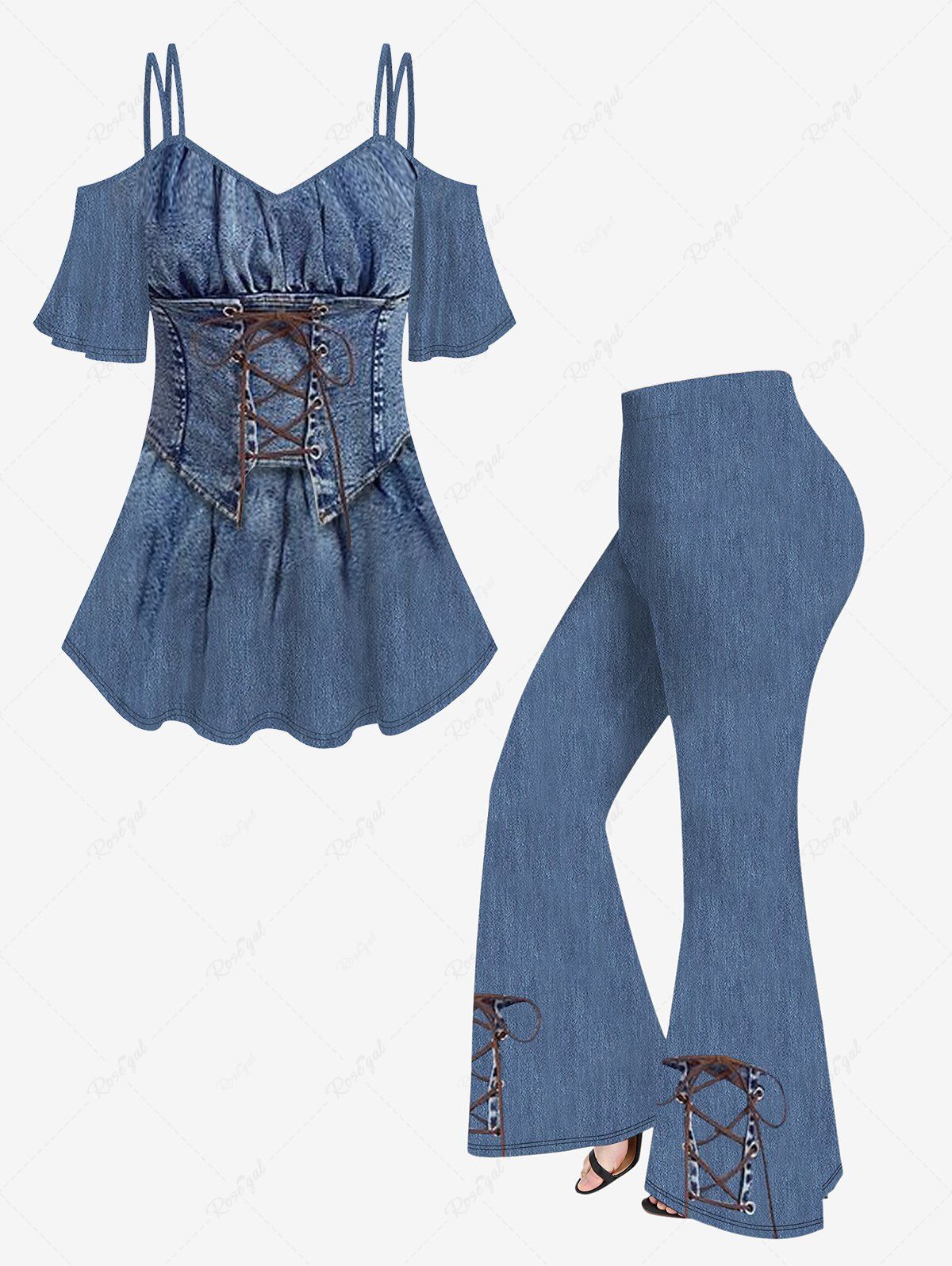 Buy Lace Up Ruched Corset Denim 3D Print Cold Shoulder T-shirt and Flare Pants Plus Size 70s 80s Outfit  