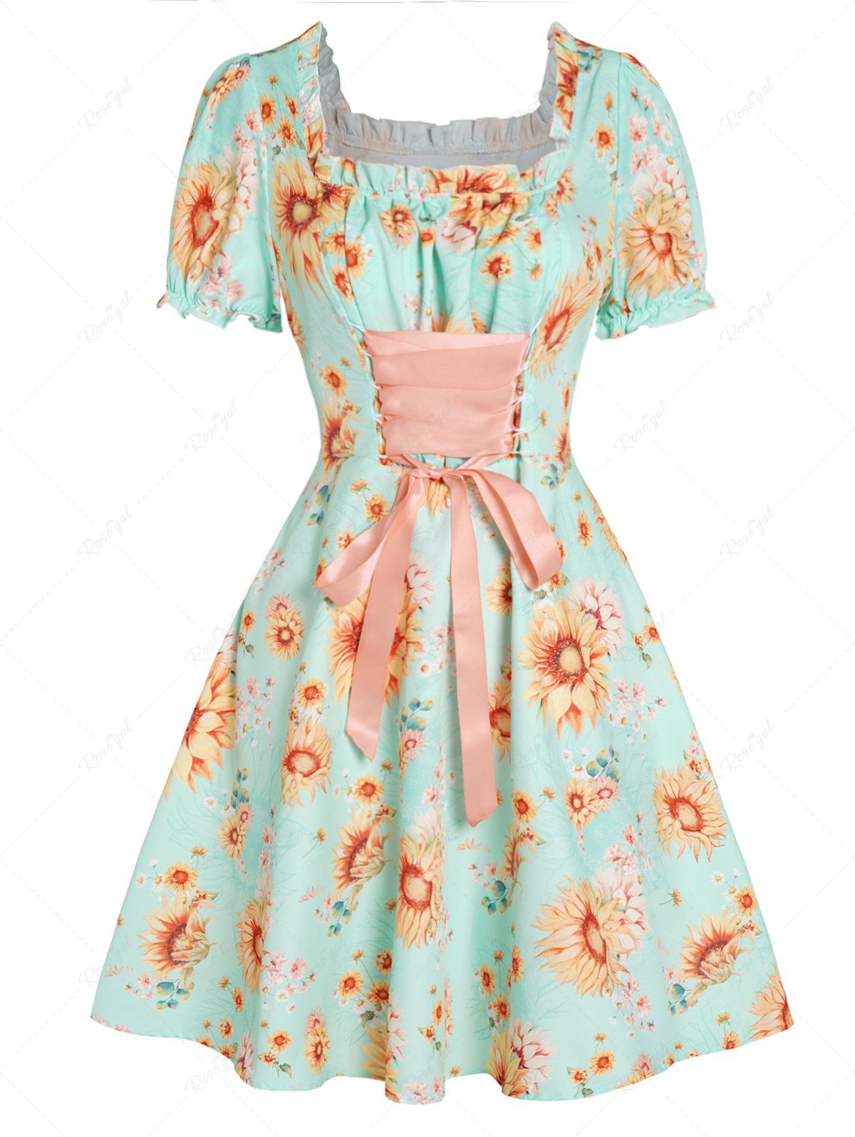Fashion Sunflower Print Lace Up Ruffles Short Sleeve Vintage Mini Milkmaid Dress  