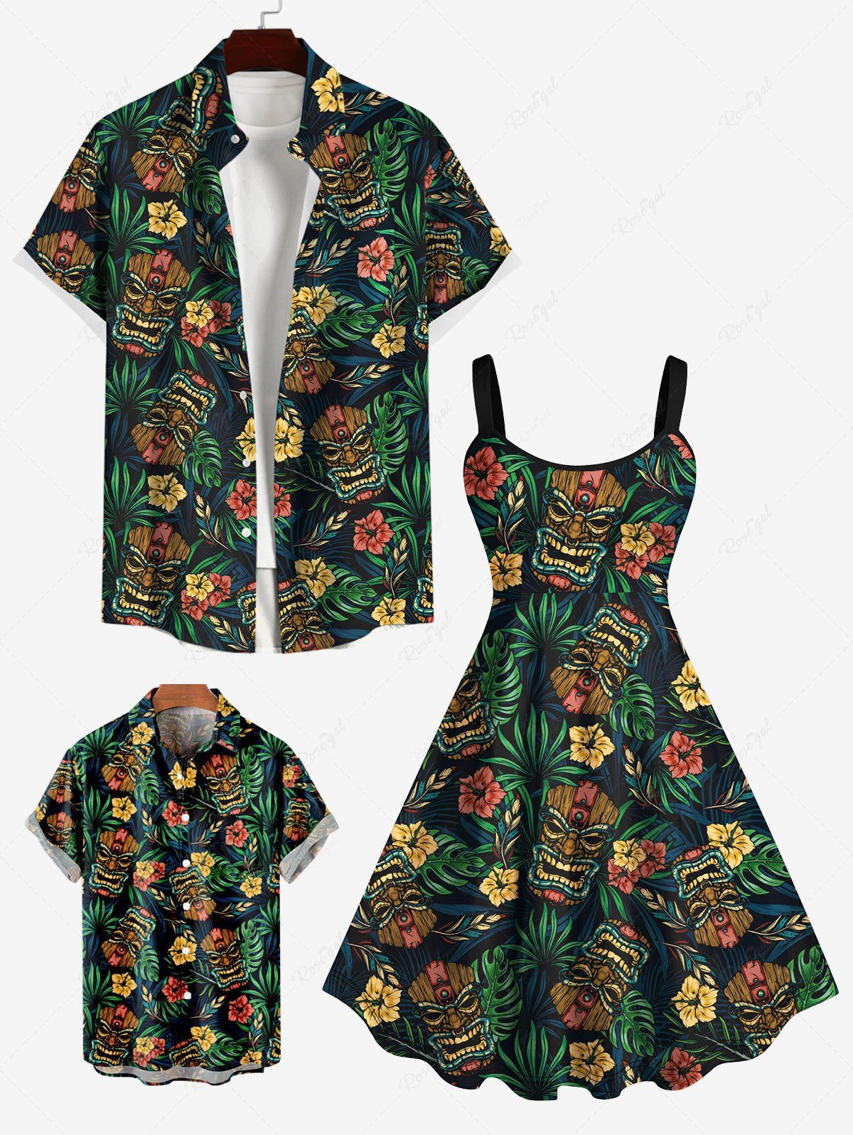 Affordable Tiki Mask Palm Leaf Hibiscus Flowers Print Plus Size Matching Hawaii Beach Outfit For Family  