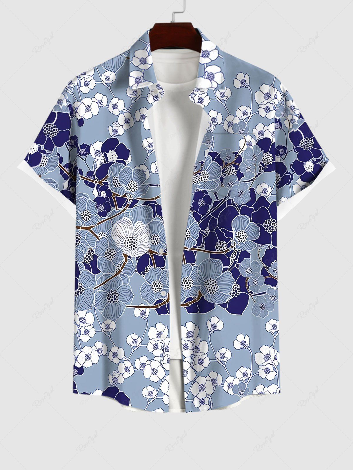 Discount Plus Size Flower Branch Colorblock Print Button Pocket Shirt For Men  