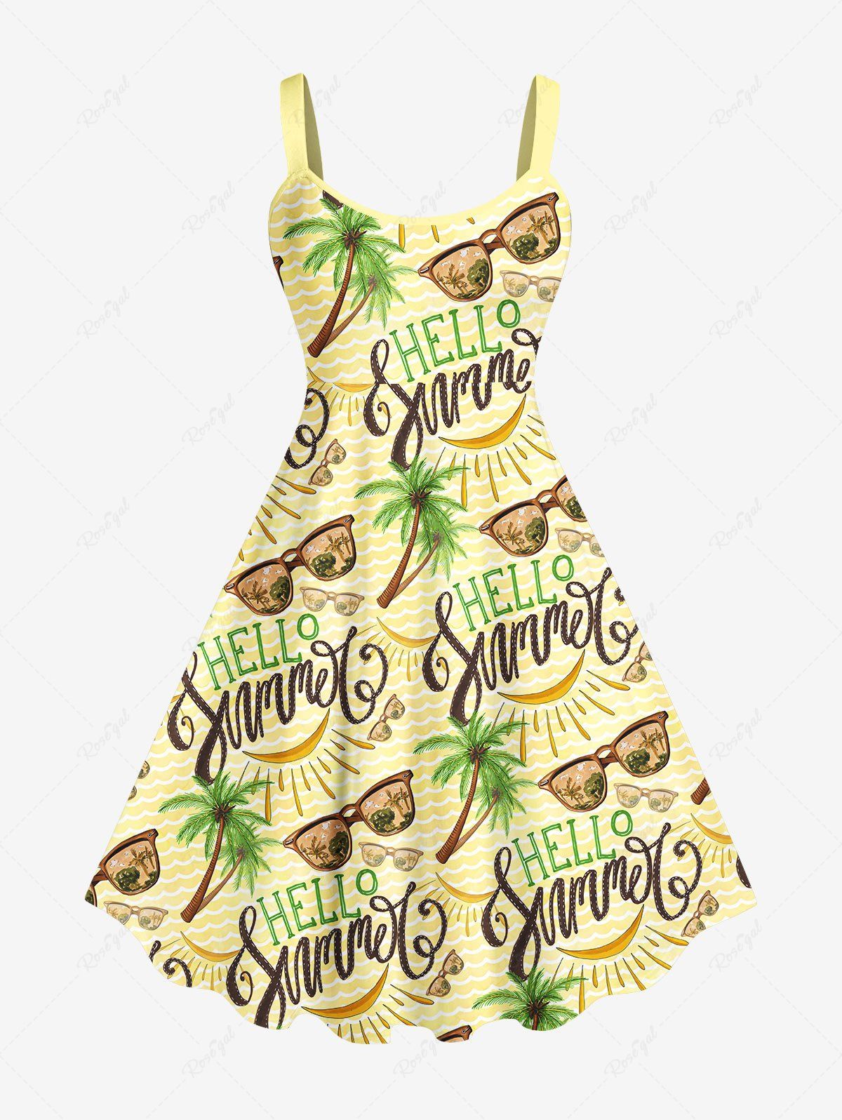 New Plus Size Coconut Tree Banana Letters Sunglasses Print Hawaii Backless A Line Tank Dress  