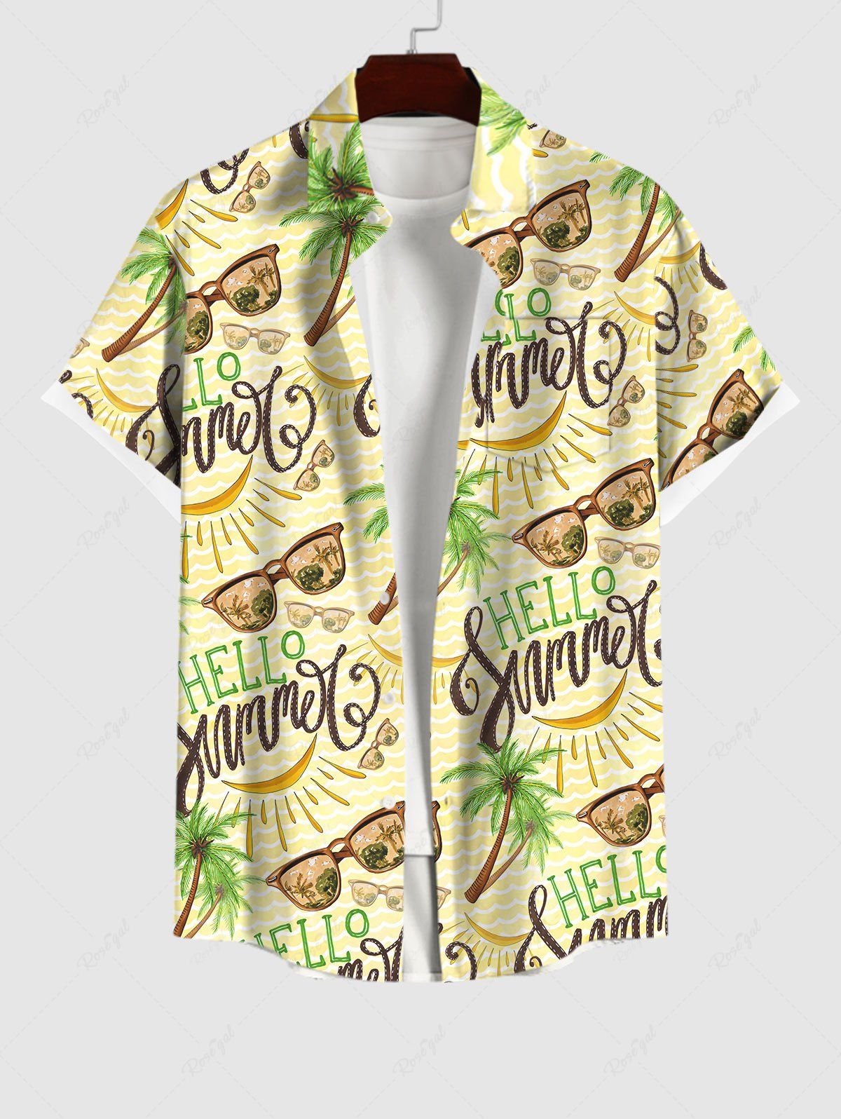 Best Plus Size Coconut Tree Bananas Letters Sunglasses Print Hawaii Button Pocket Shirt For Men  