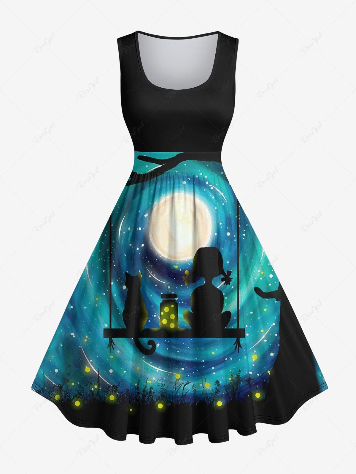 Outfits Plus Size Galaxy Moon Cat Girl Swing Firefly Glitter 3D Print 1950s Vintage Dress  