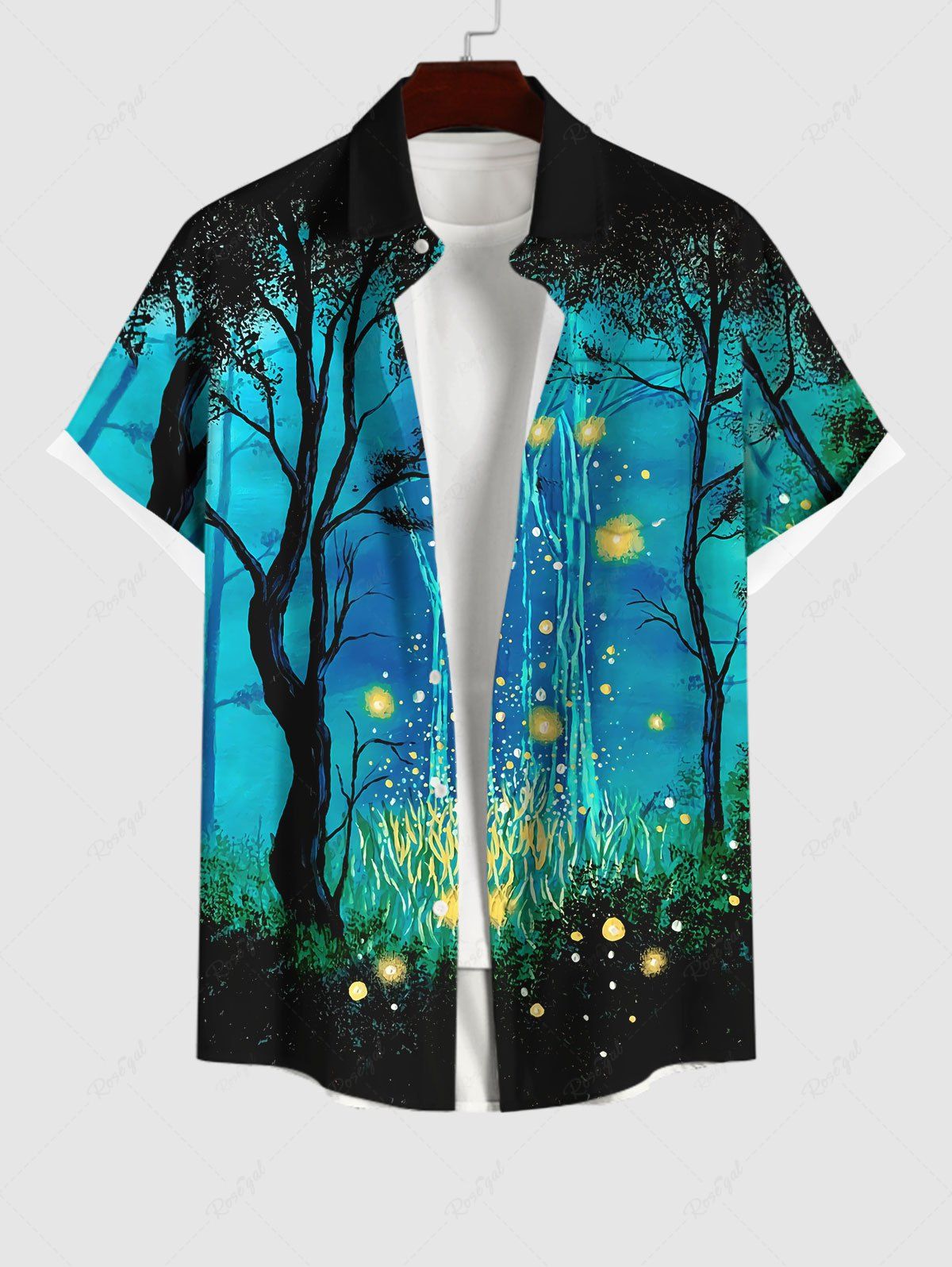 Outfits Plus Size Galaxy Tree Firefly Glitter 3D Print Buttons Pocket Shirt For Men  