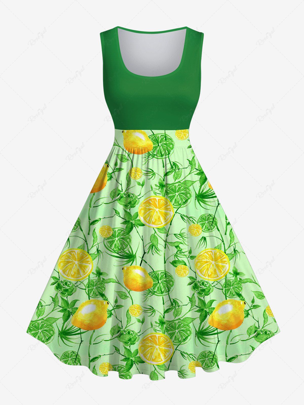 New Plus Size Lemon Leaf Branch Print 1950s Hawaii Vintage Swing A Line Dress  