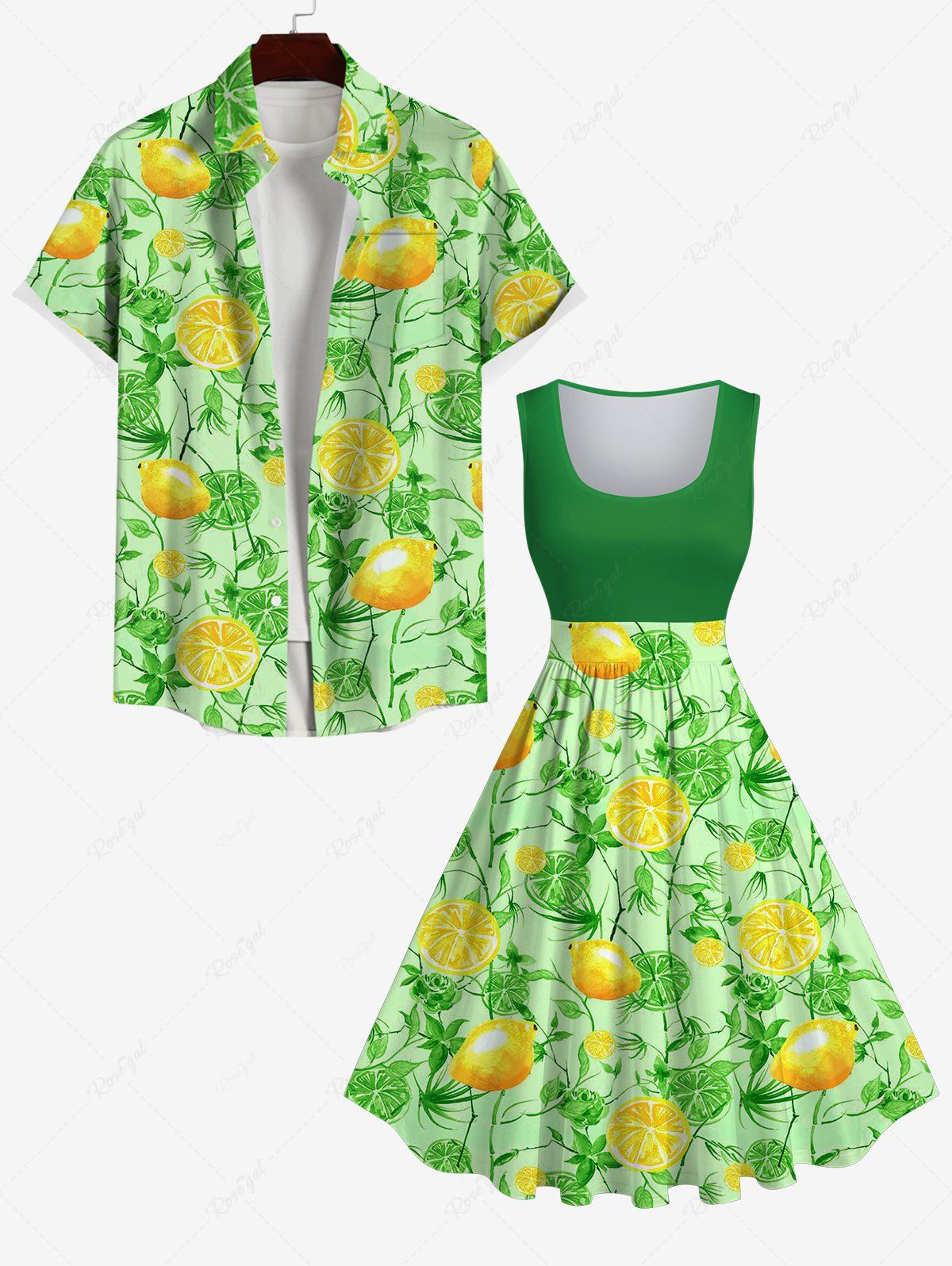 Sale Lemon Leaf Branch Print 1950s Swing Dress and Button Shirt Plus Size Matching Hawaii Beach Outfit For Couples  